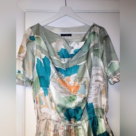 Piazza Sempione Silk Watercolor Italian Monuments Print Drawstring Dress Size S - Picture 5 of 16